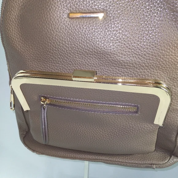 Premium Tan Pebble Faux Leather Gold Trimmed Medium Size Backpack.  EUC - Picture 2 of 9